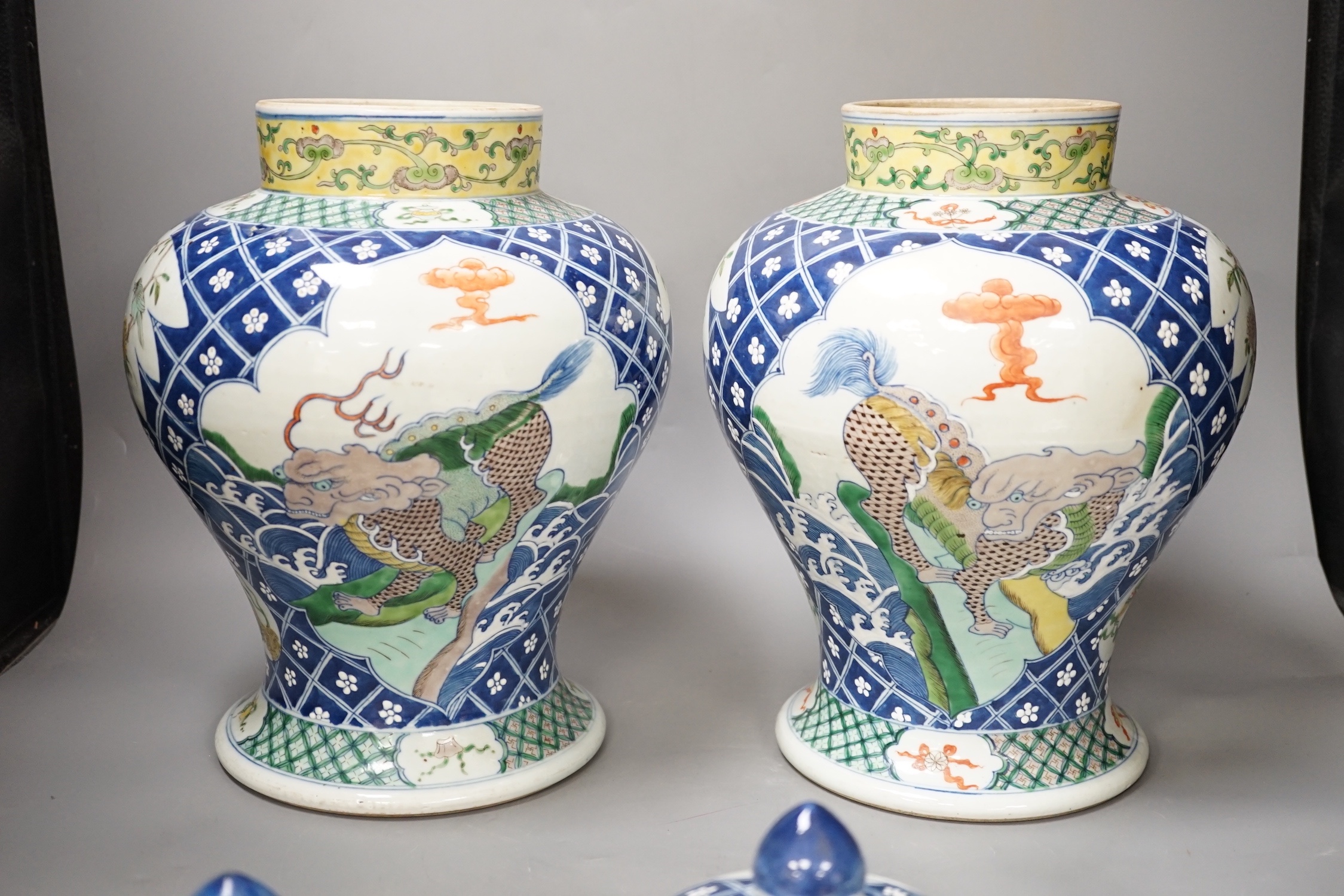 A pair of Chinese baluster jars and covers - 40cm high